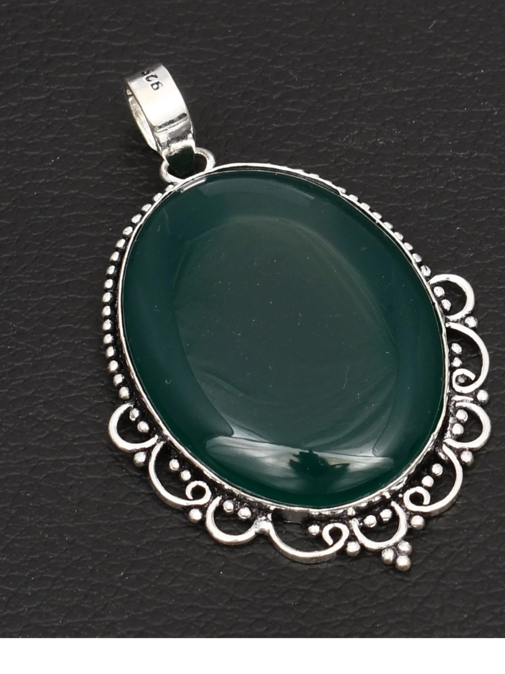 New! 925 Sterling Silver Overlay Dark Green Onyx  Oval Pendant Necklace